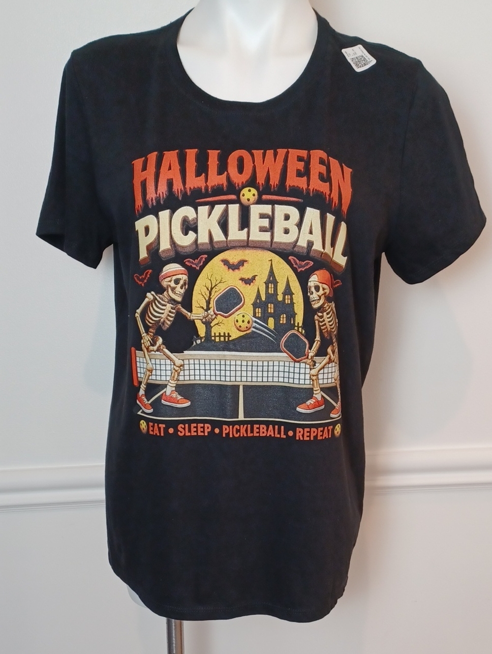 Large Womens Black Halloween Pickleball Skeleton Graphic T-Shirt